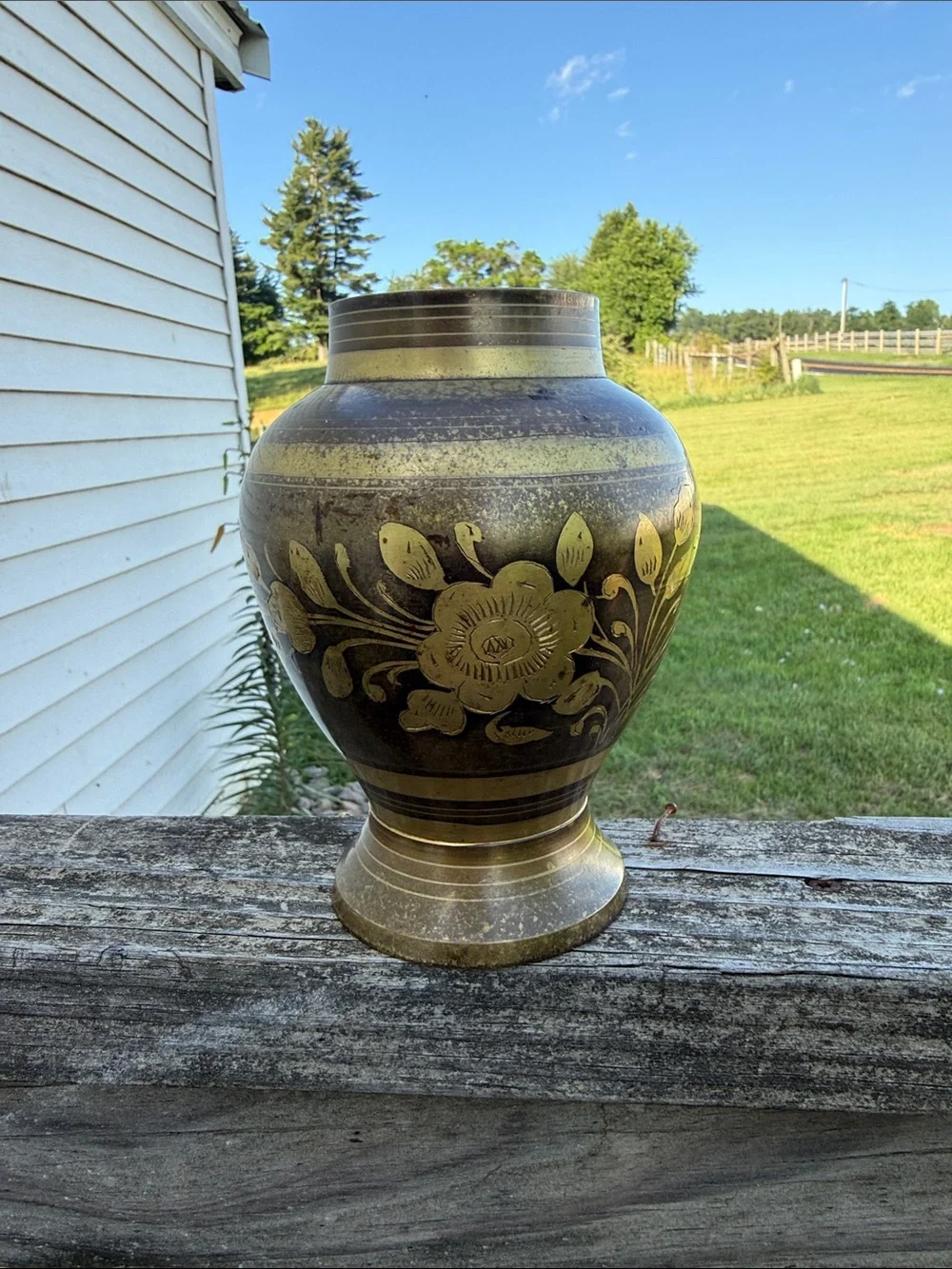 Vintage Gold and Black Floral Brass Vase made in India